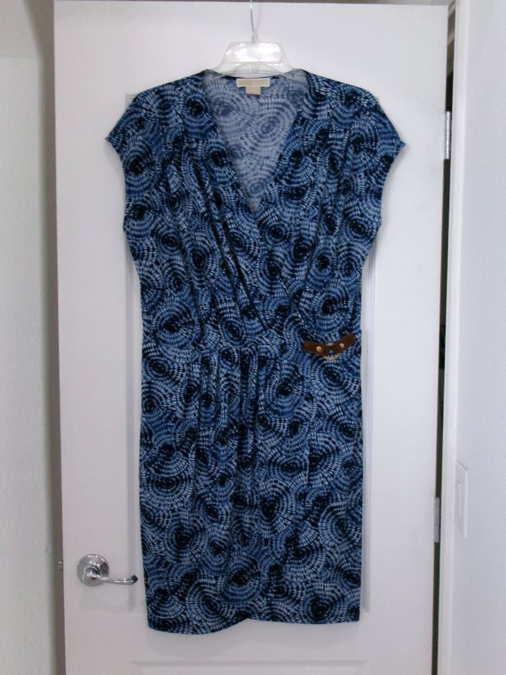 Michael Kors Stretch Jersey Surplice Faux Wrap Dress 1X Blue Shibori Short Sleev